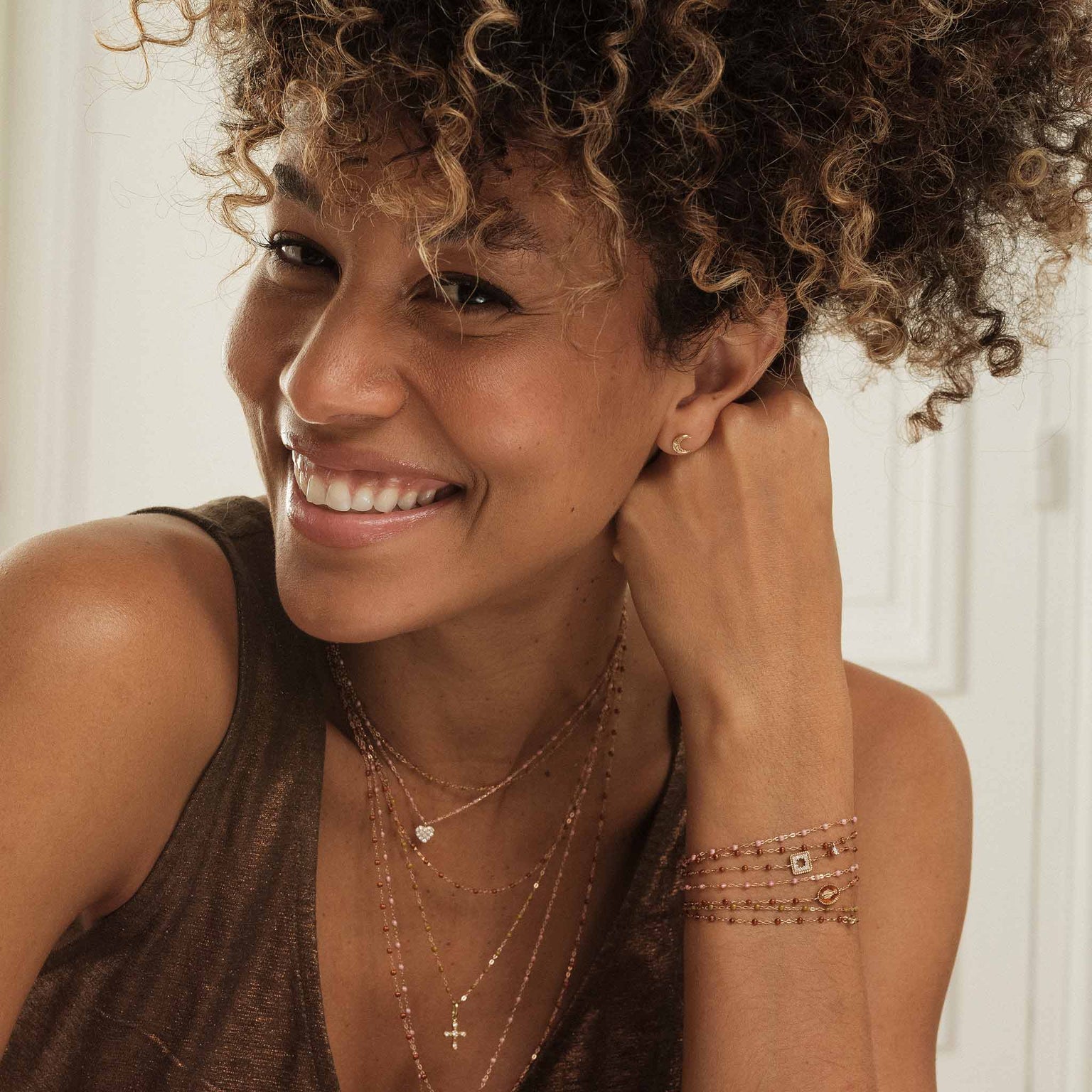 Gigi Clozeau - Boucles d'oreilles Lune, diamants, or rose