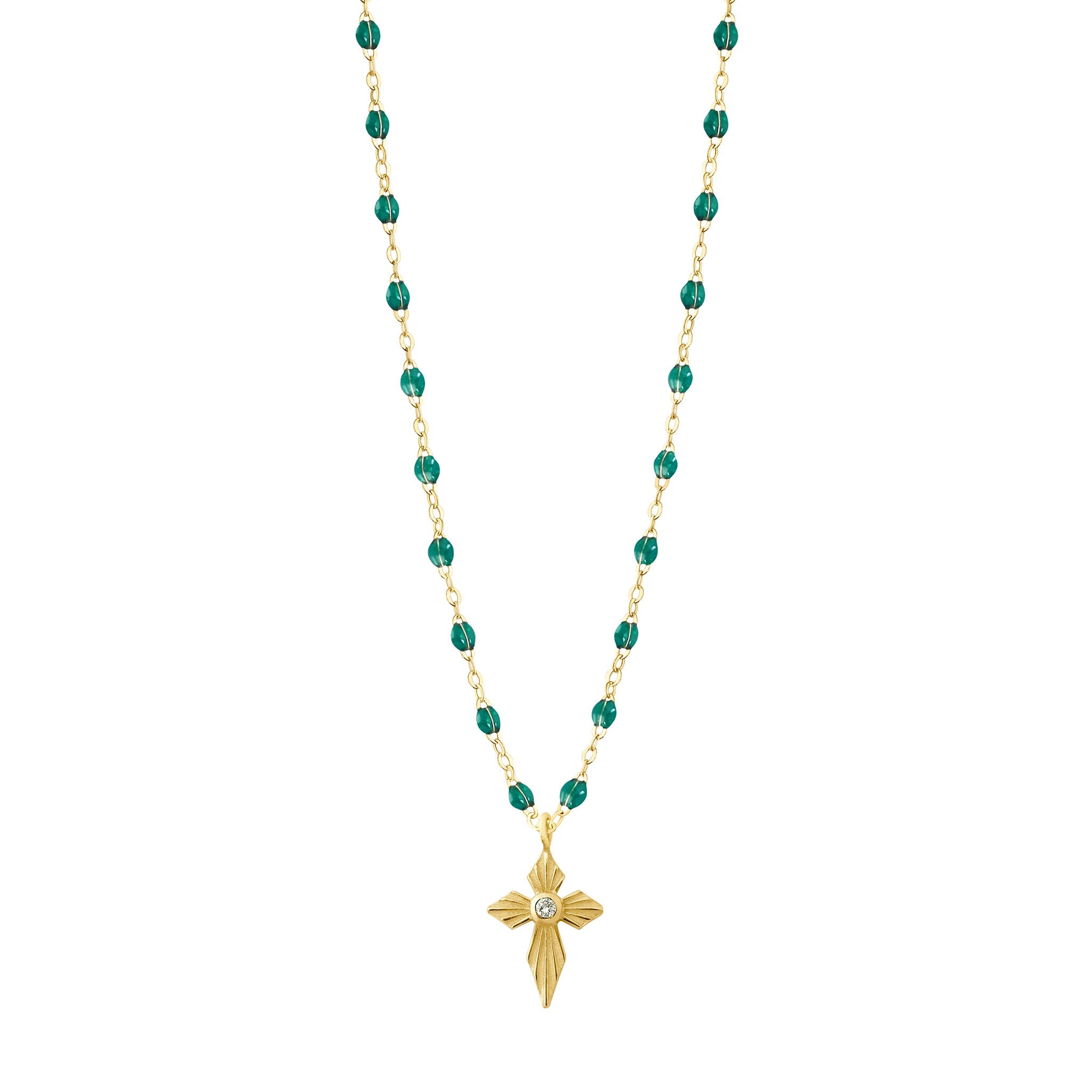 Gigi Clozeau - Collier emeraude Croix Lumière diamants, or jaune, 42 cm