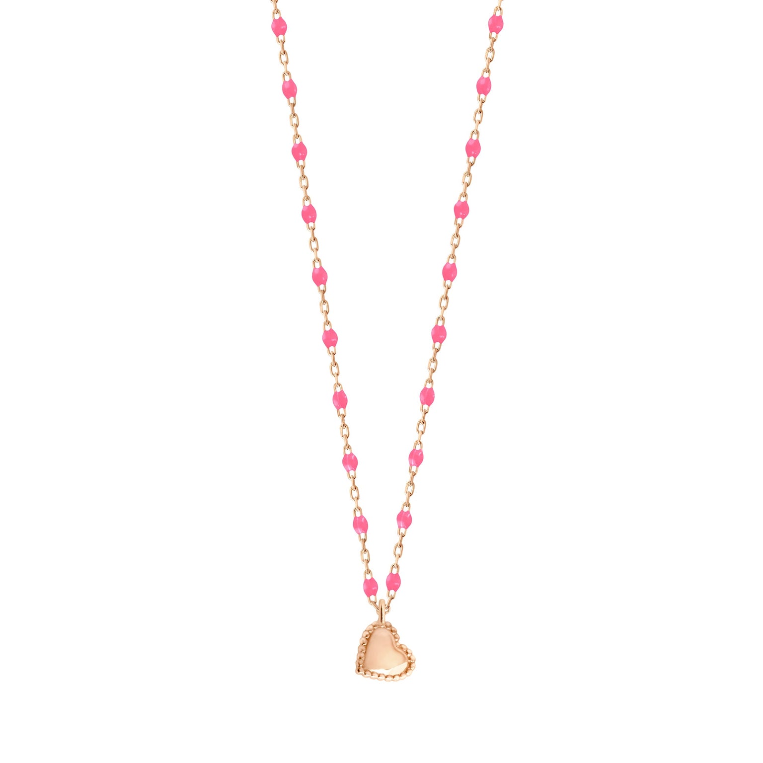 Gigi Clozeau - Collier Lucky Cœur, or rose et mini perles de résine rose fluo, 40 cm