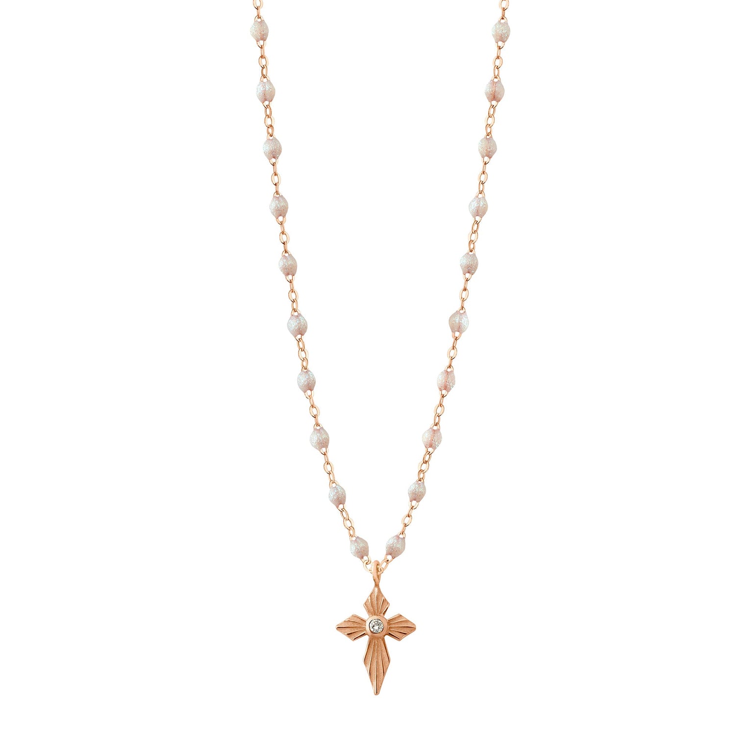Gigi Clozeau - Collier opale Croix Lumière diamants, or rose, 42 cm