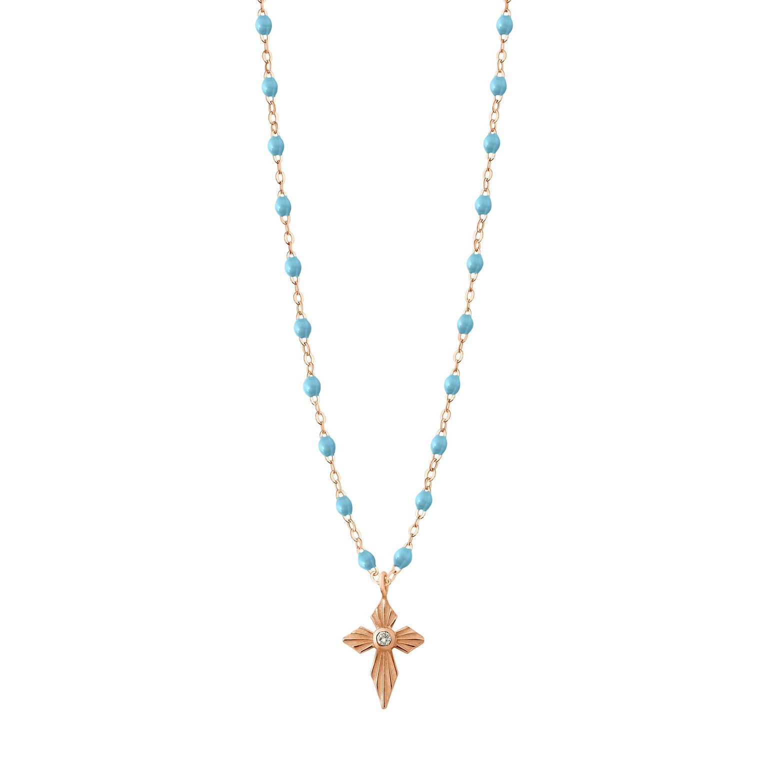Gigi Clozeau - Collier turquoise Croix Lumière diamants, or rose, 42 cm