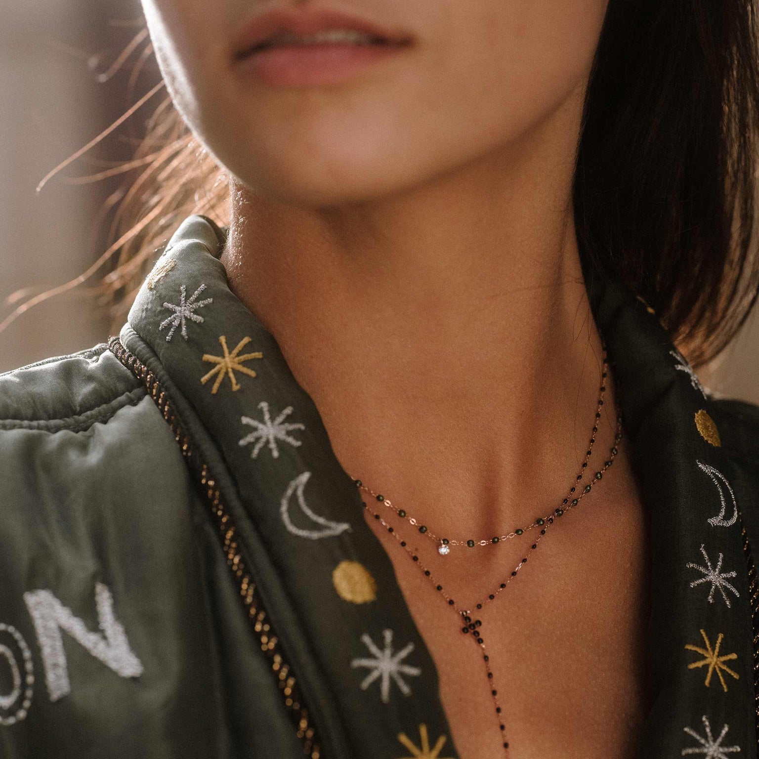 Gigi Clozeau - Skarabäusgrüne Halskette Gigi Suprême, Roségold, 1 Diamant, 42 cm