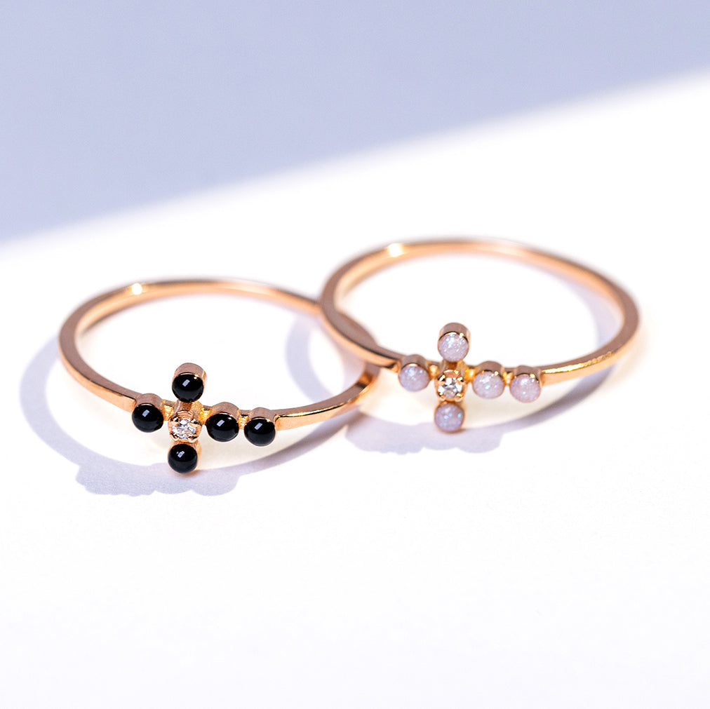 Gigi Clozeau - Bague noire Croix Perlée, diamant, or rose, T 54