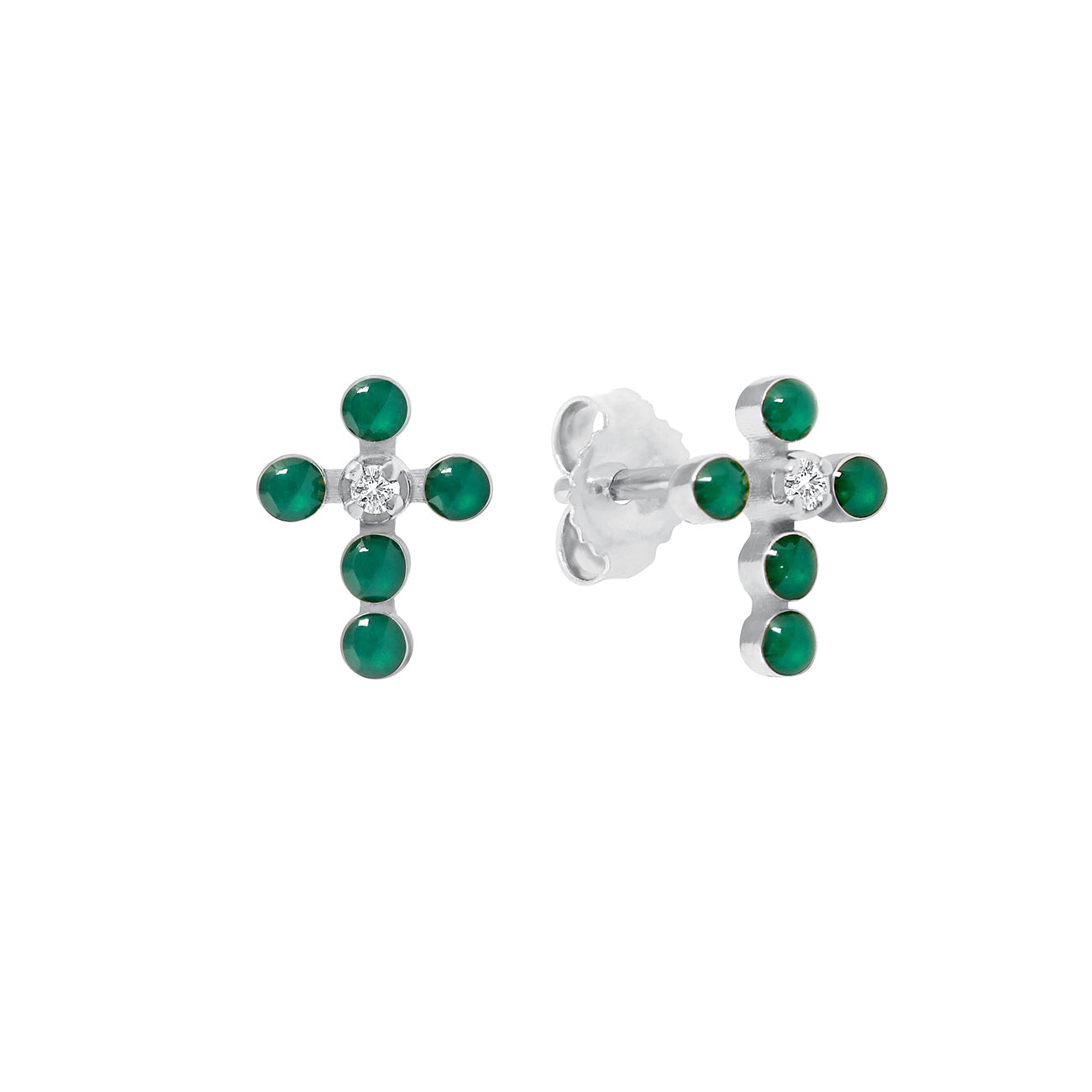 Gigi Clozeau - Boucles d'oreilles émeraude Croix Perlée, or blanc, diamants