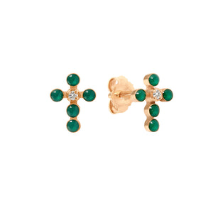Gigi Clozeau - Boucles d'oreilles émeraude Croix Perlée, or rose, diamants