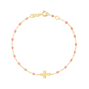 Gigi Clozeau - Bracelet bébé fuchsia Croix, or jaune, 13 cm