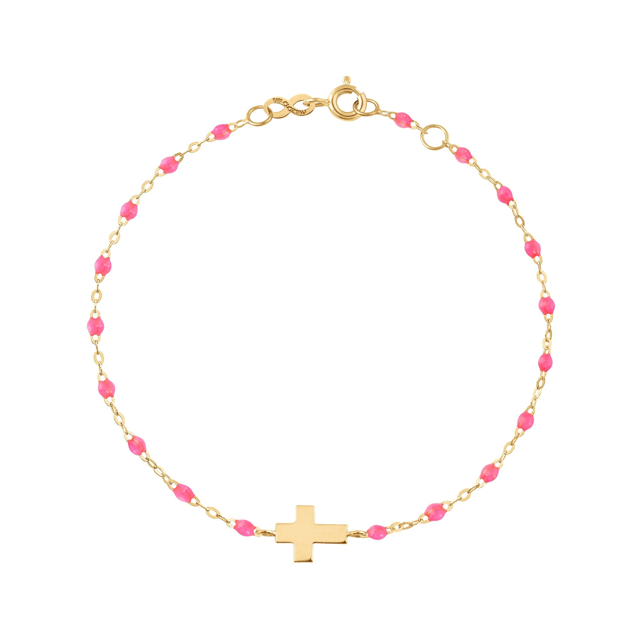 Gigi Clozeau - Bracelet bébé rose fluo Croix, or jaune, 13 cm
