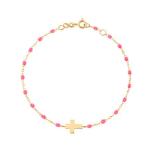 Gigi Clozeau - Bracelet bébé rose fluo Croix, or jaune, 13 cm