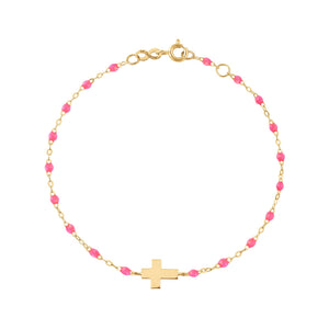 Gigi Clozeau - Bracelet bébé rose fluo Croix, or jaune, 13 cm