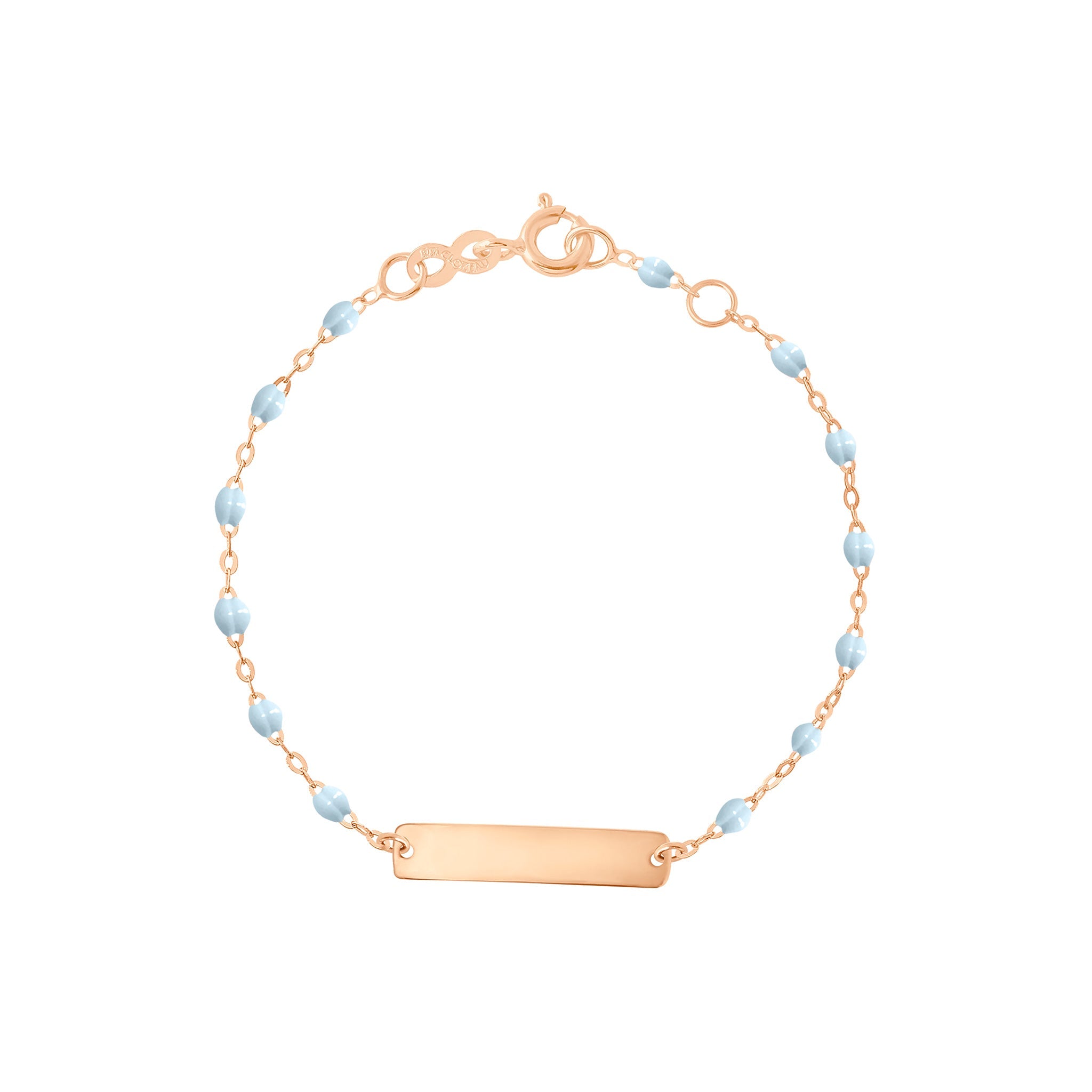 Gigi Clozeau - Bracelet bleu layette Little Gigi, plaque rectangle, or rose, 13 cm