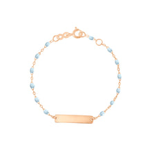 Gigi Clozeau - Bracelet bleu layette Little Gigi, plaque rectangle, or rose, 13 cm