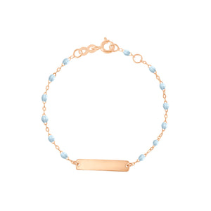 Gigi Clozeau - Bracelet bleu layette Little Gigi, plaque rectangle, or rose, 13 cm