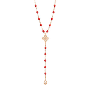 Gigi Clozeau - Chapelet coquelicot Lucky Trèfle, diamants, or rose, 45 cm