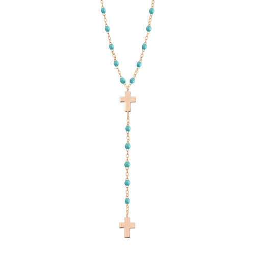 Gigi Clozeau - Chapelet turquoise vert Croix, or rose, 42 cm