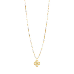 Gigi Clozeau - Collier blanc Lucky Trèfle, diamants, or jaune, 42 cm