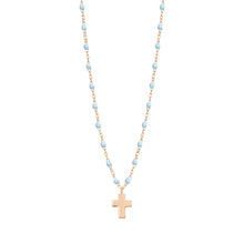 Gigi Clozeau - Collier bleu layette Croix Classique Gigi, or rose, 42 cm