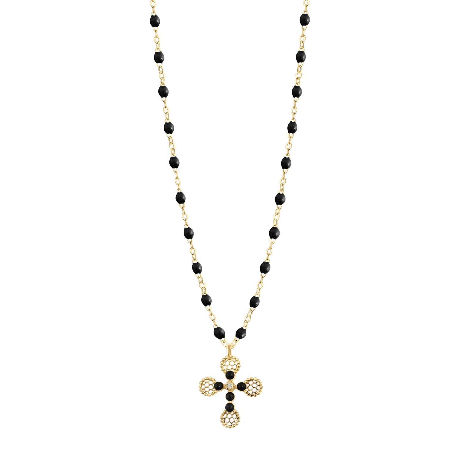 Gigi Clozeau - Collier Croix Dentelle Perlée résine noire, or jaune, diamant, 42cm