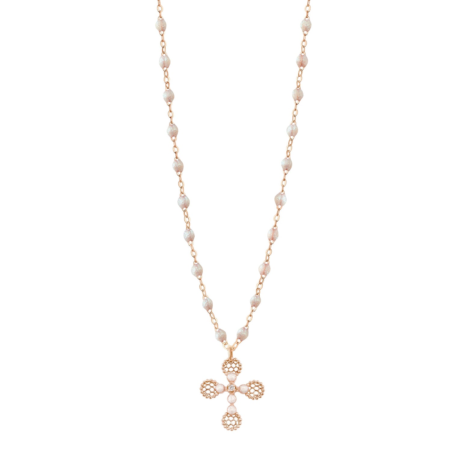 Gigi Clozeau - Collier Croix Dentelle Perlée résine opale, or rose, diamant, 42cm