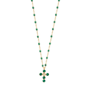 Gigi Clozeau - Collier émeraude Croix Perlée, or jaune, 1 diamant, 42 cm