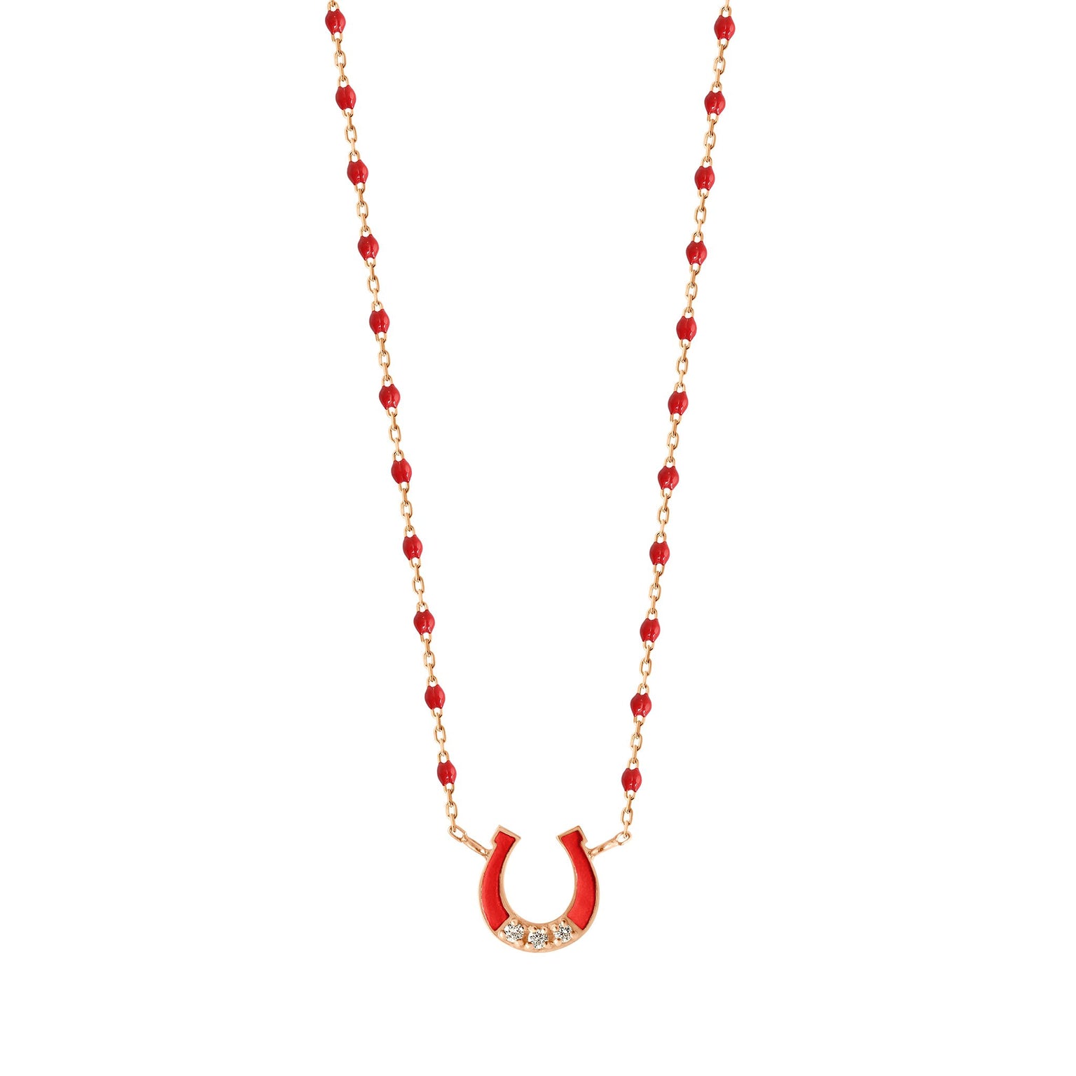 Gigi Clozeau - Collier Fer à cheval, or rose, diamants et mini perles de résine coquelicot, 42 cm