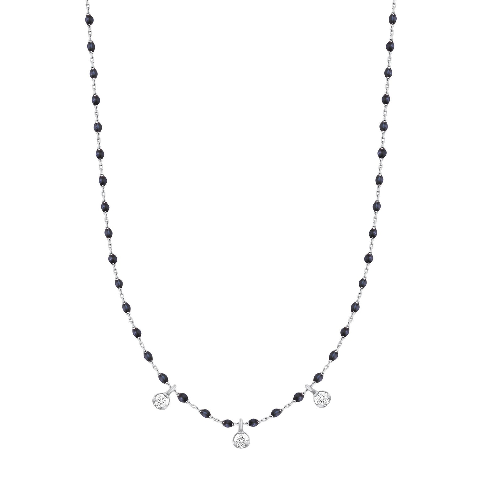 Gigi Clozeau - Collier noir Mini Gigi, or blanc, 3 diamants, 42 cm