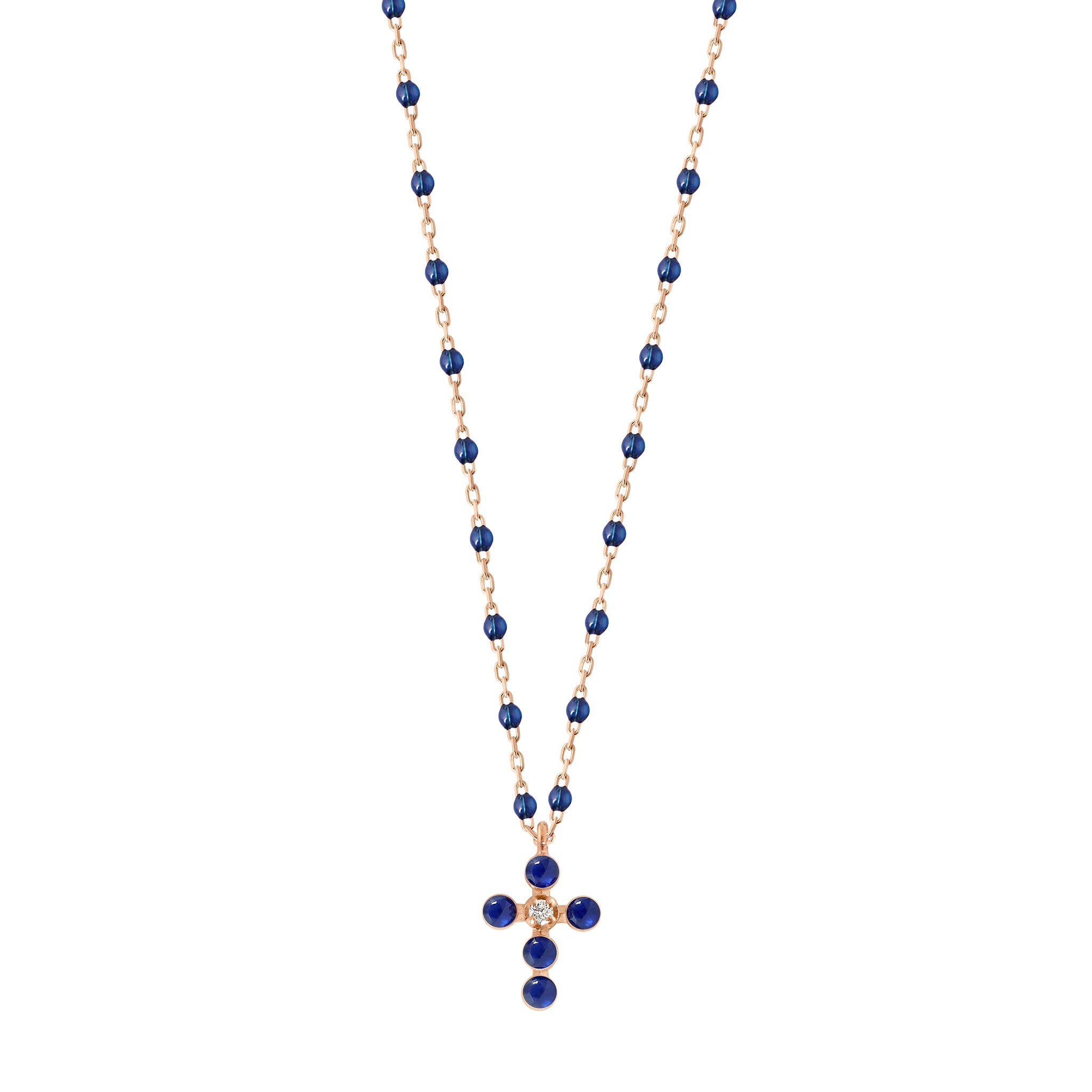 Gigi Clozeau - Collier prusse Croix Perlée, or rose, 1 diamant, 42 cm