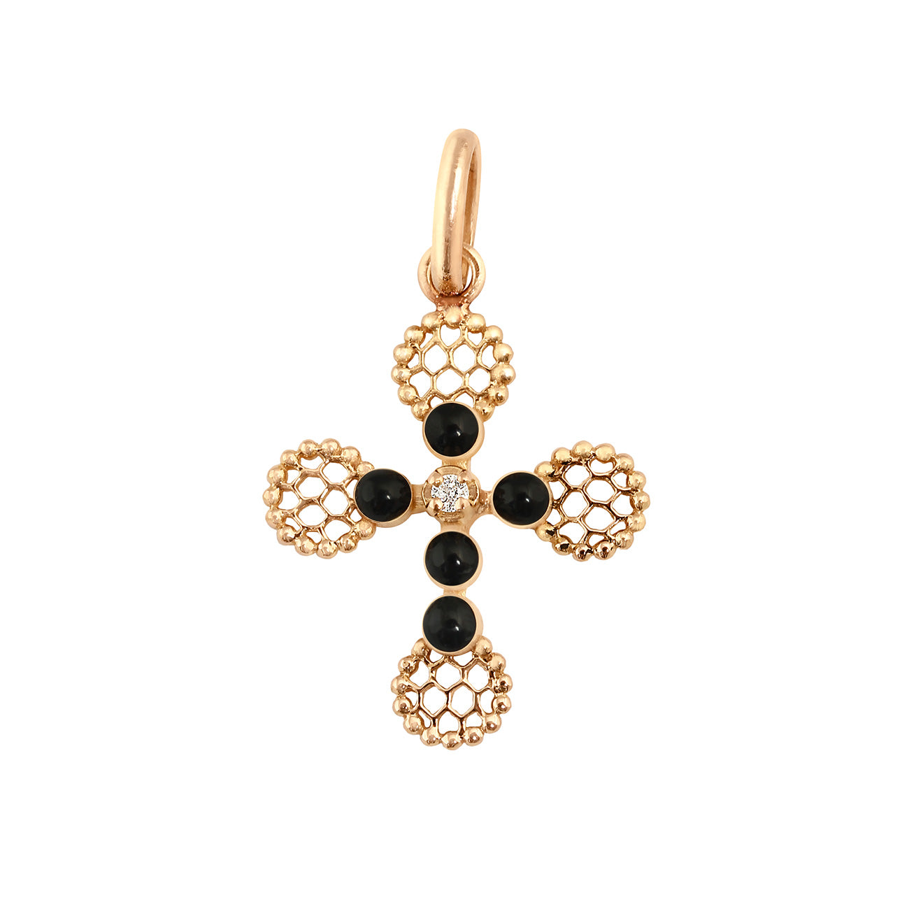 Gigi Clozeau - Pendentif Croix Dentelle Perlée résine noire, or rose, diamant
