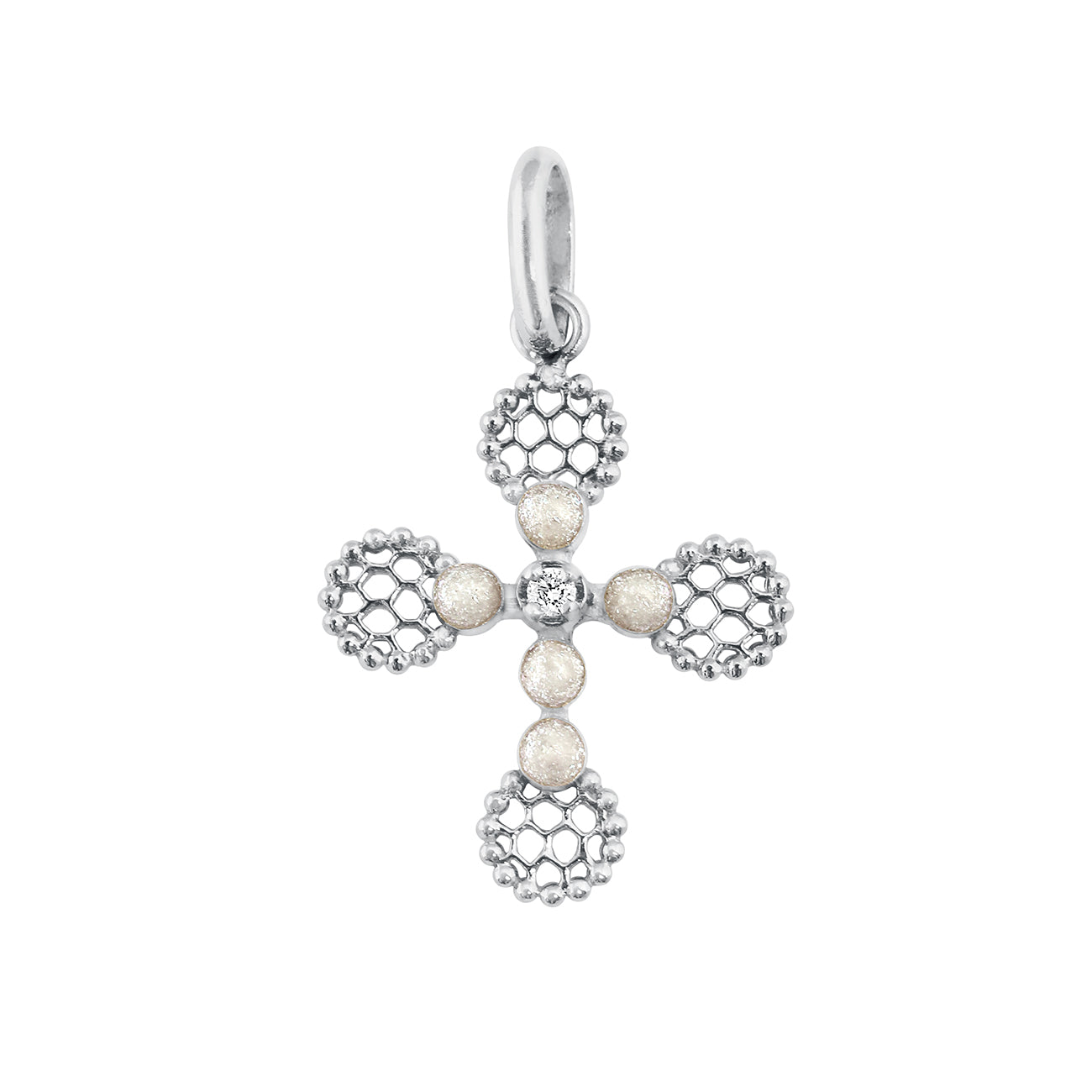 Gigi Clozeau - Pendentif Croix Dentelle Perlée résine opale, or blanc, diamant