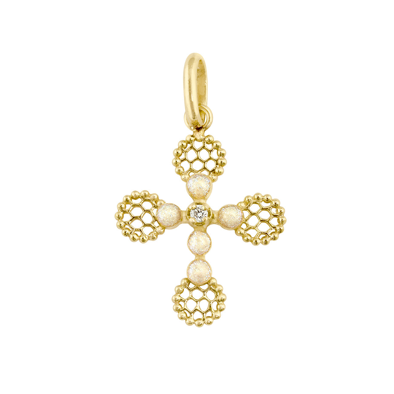 Gigi Clozeau - Pendentif Croix Dentelle Perlée résine opale, or jaune, diamant